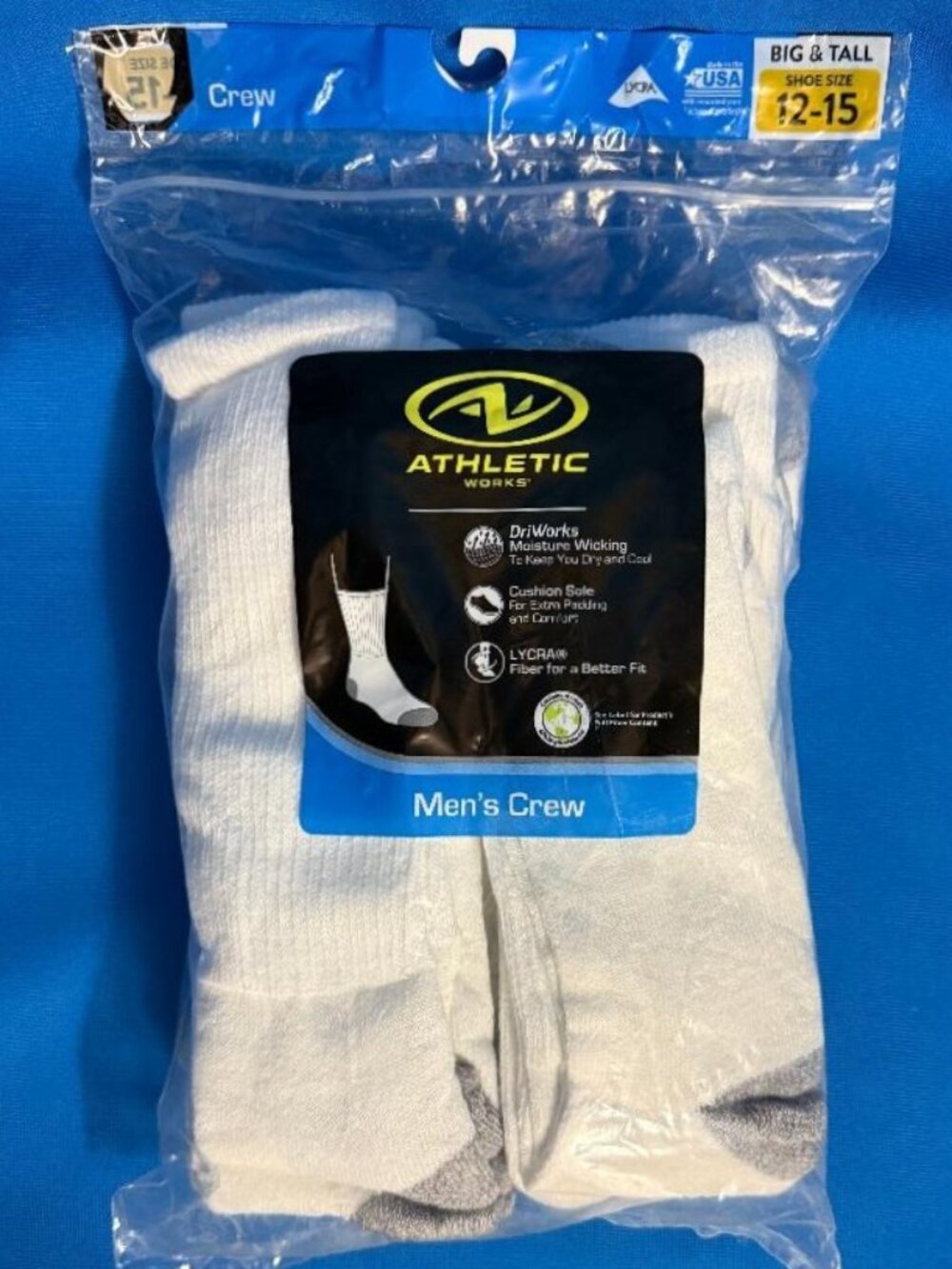 NEW ATHLETIC WORKS 10 PACK / MEN'S BIG & TALL CREW SOCKS / SHOE SIZE 12 - 15